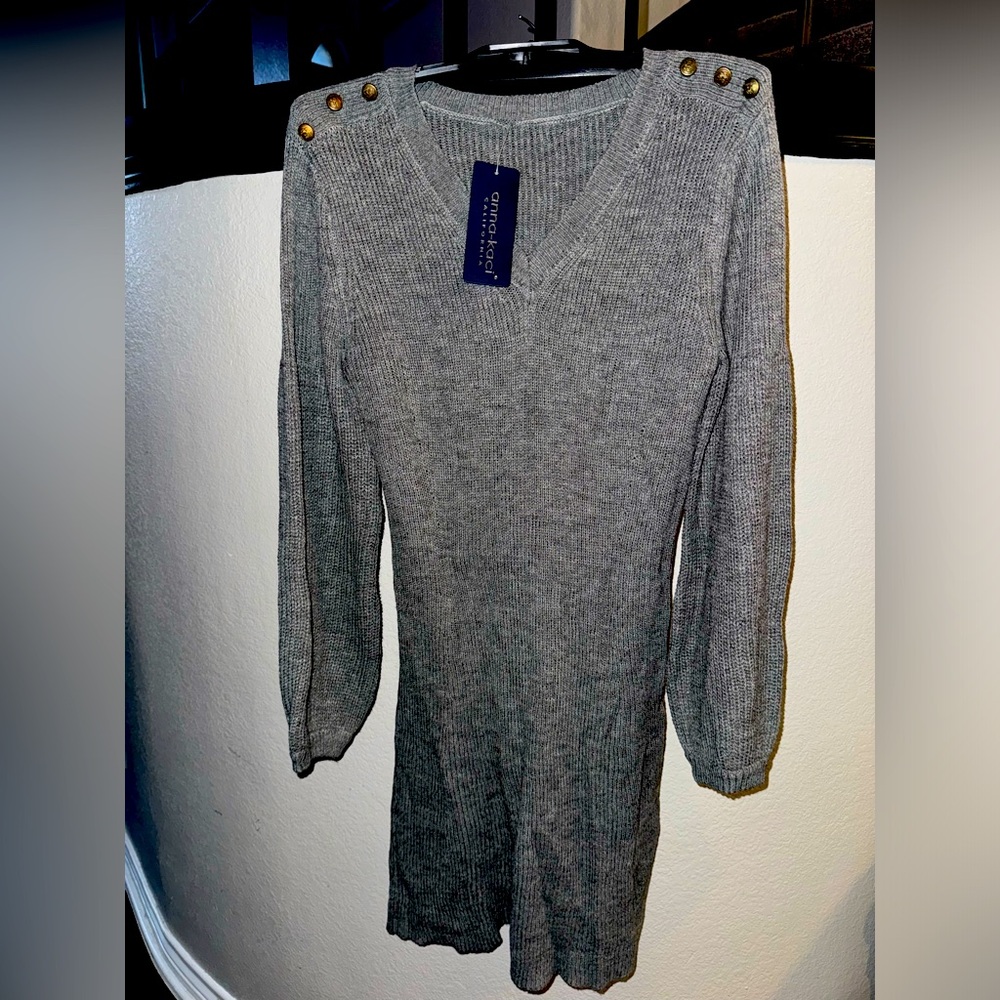 Grey knit sweater dress new with tags, bronze buttons, size L